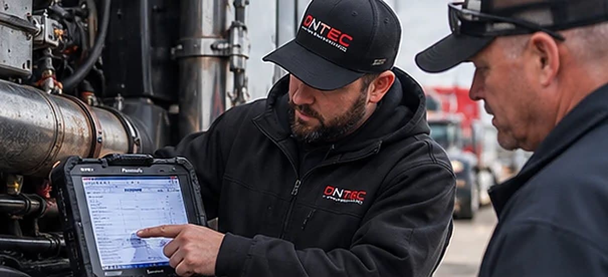 OnTec technician showing a customer diagnostic readings on a rugged tablet beside a truck's emissions system